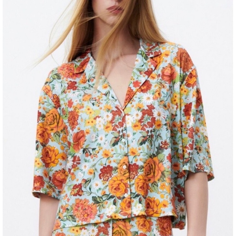 Zara Retro Floral Top Medium Button Down Boxy Shirt Retro Fall Wildflower Boho